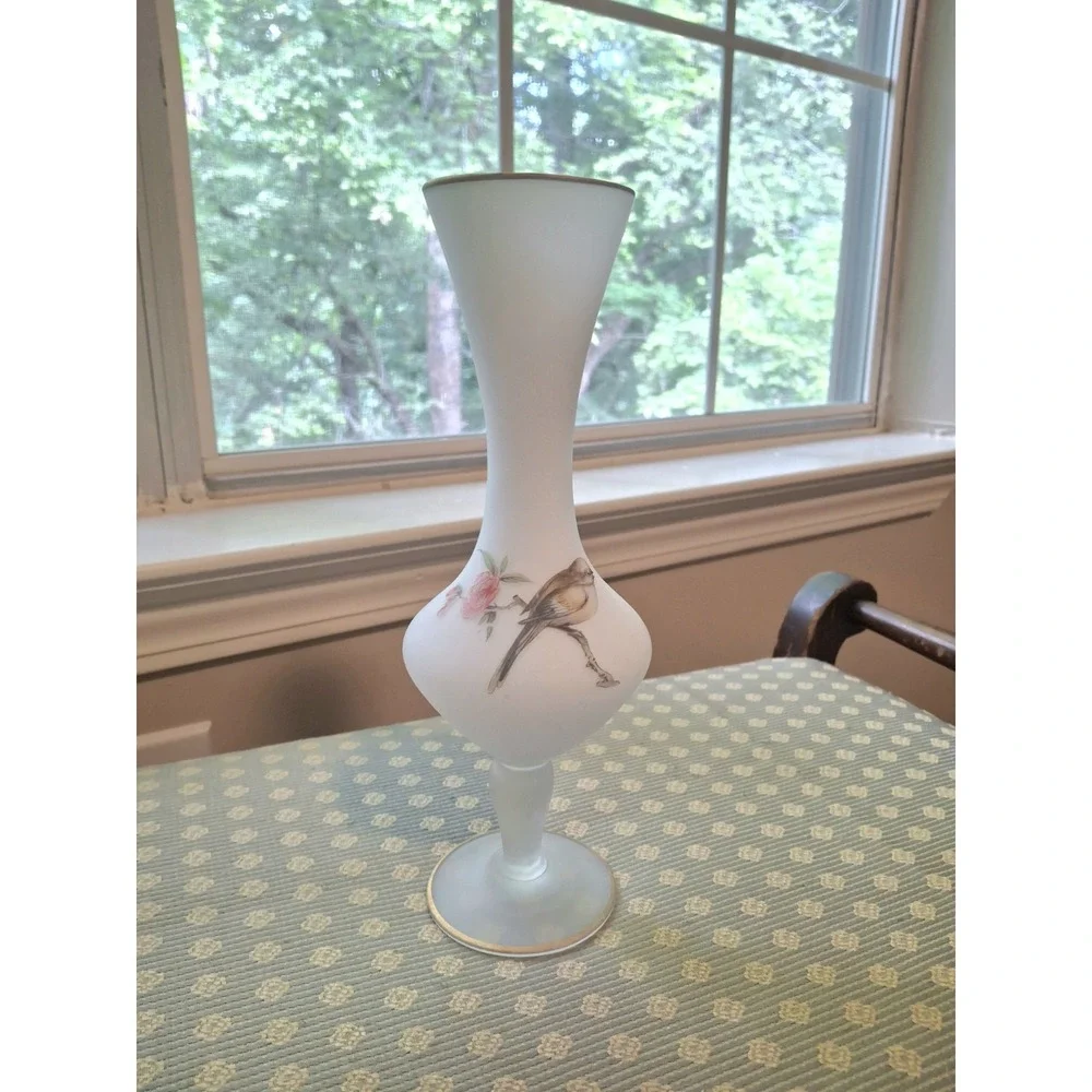 Vintage White Frosted Glass Vase Bird Flower Motif Gold Rim 10